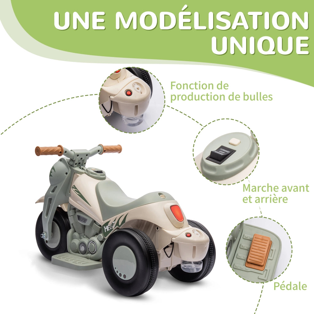 Moto Elettrica 3 Ruote Bambini 2-5 Anni ¨C Xylo ¨C 6V Bianco con Luci LED e Bolle