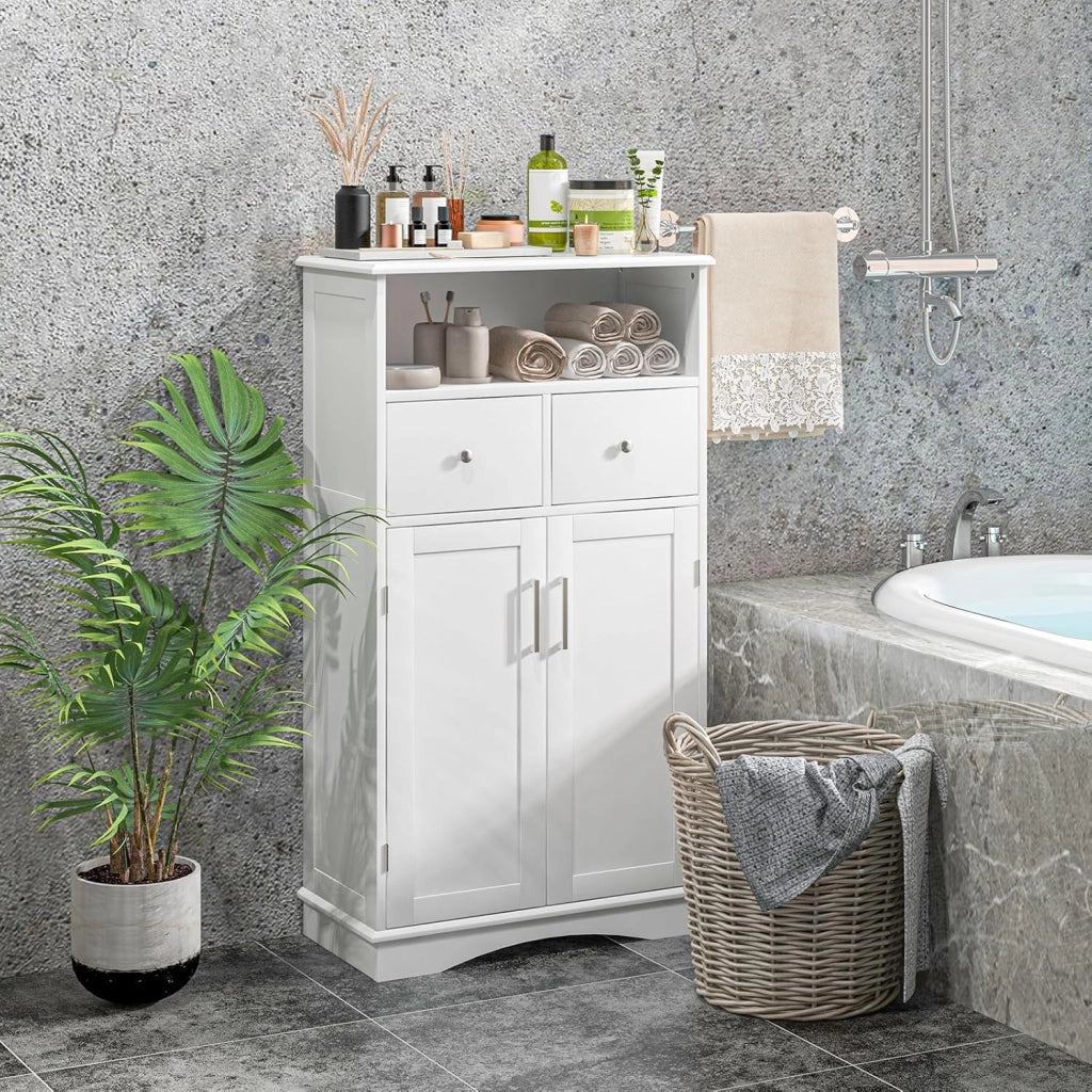 Armadietto da Bagno in MDF con Ripiani Regolabili, Mobiletto da Terra con 2 Ante e 2 Cassetti, Armadio Multifunzionale per Bagno, Soggiorno, Cucina, Bianco 60 x 30 x 108 cm (Bianco)