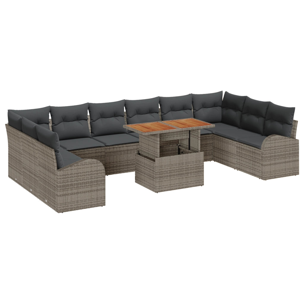 Set da Pranzo da Giardino 11 Pezzi con Cuscini Grigio in Polyrattan e Acacia