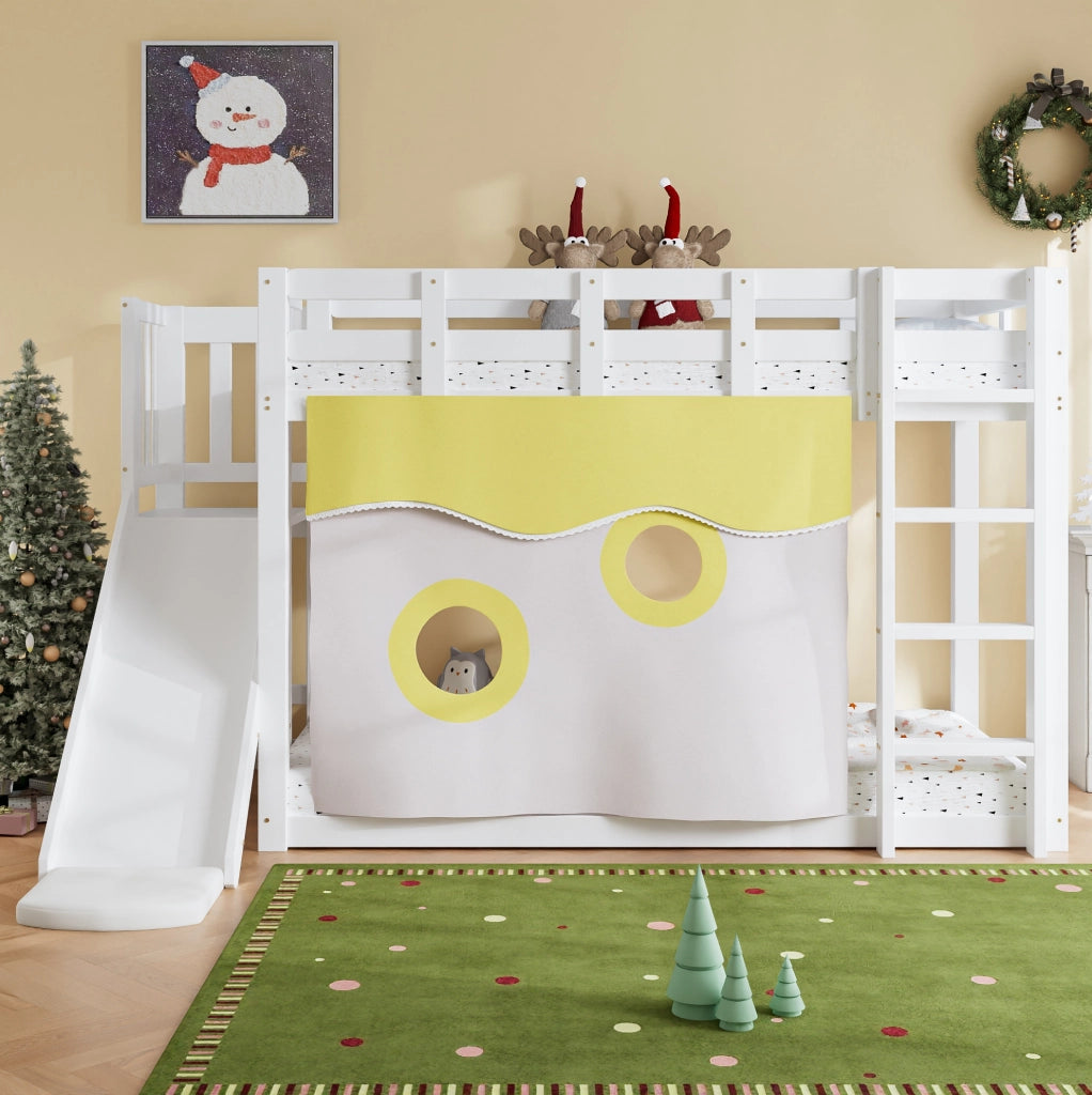Letto a castello 90x200 cm bianco con scala, scivolo e tende