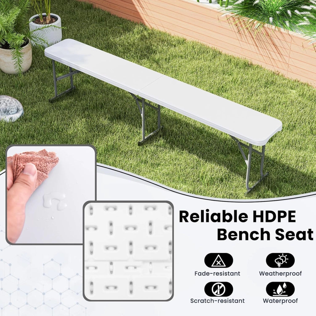 Panca da Giardino Pieghevole in Plastica, Panchina da Esterno Portatile con Maniglia di Trasporto, Panca da Campeggio con Telaio in Metallo, per Patio, Picnic, Portata 300 kg (Bianco II)