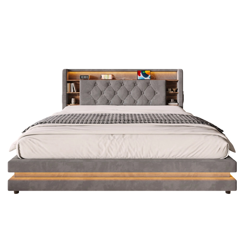 Letto contenitore imbottito 160x200 cm in velluto grigio scuro con testiera multifunzione, LED, USB e rete a doghe