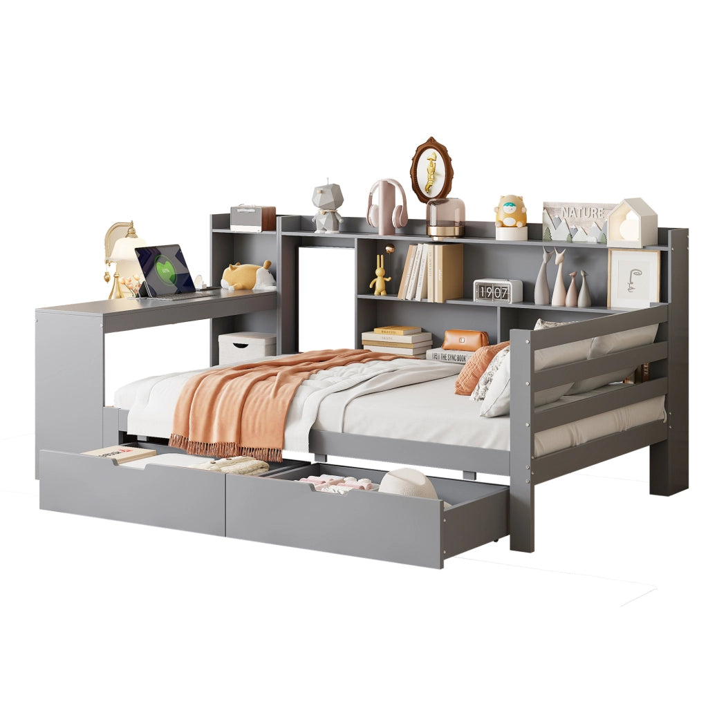 Sofa letto multifunzionale 90x200 cm in legno grigio con scrivania; prese USB e vani contenitore