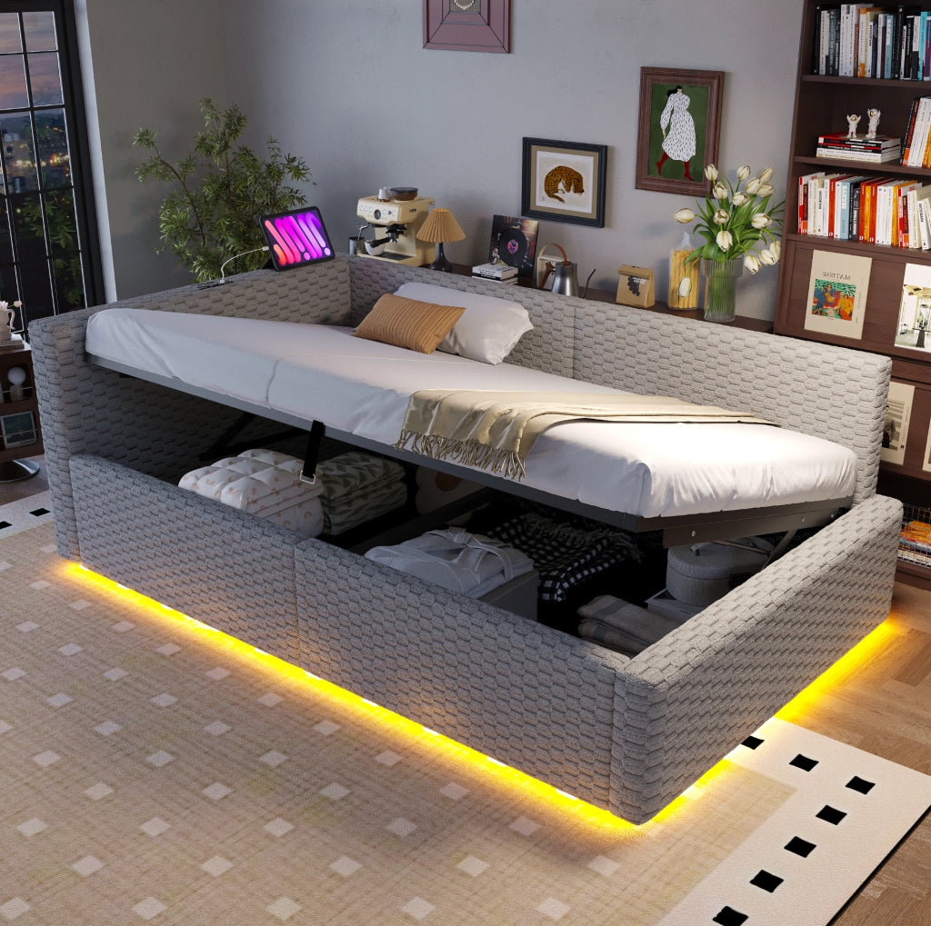 Letto imbottito 90x200 cm con LED, USB-C e vano contenitore grigio