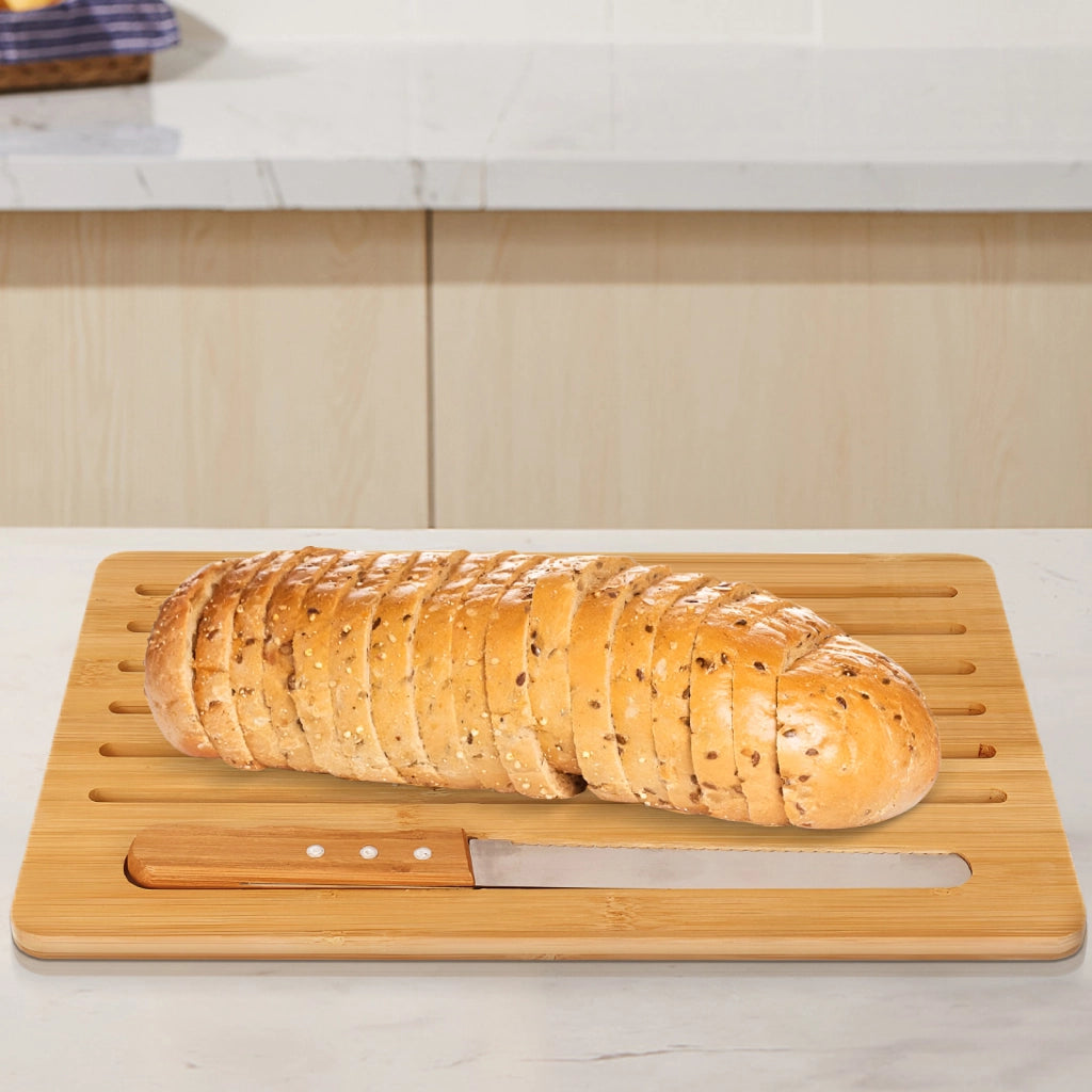 Tagliere per pane con coltello in bambù 41x27cm Taglio facile Marrone / Beige Cheffinger