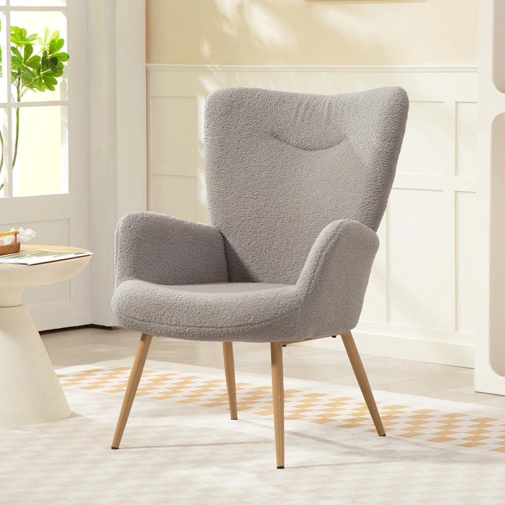 Poltrona imbottita in tessuto boucl¨¨ con schienale alto e braccioli ¨C Zephmum ¨C Grigio 71x74x97,5cm