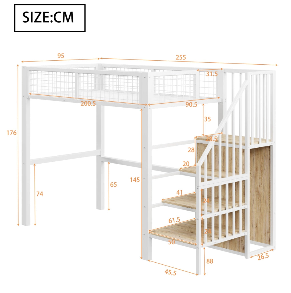 Letto a soppalco 90×200 cm in metallo bianco con scala e armadio