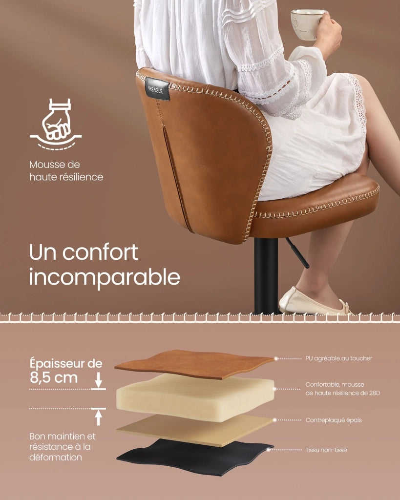 Sgabello da bar girevole a 360° set da 2 altezza regolabile schienale in PU con cuciture stile moderno di metà secolo per cucina/bar facile da montare marrone 12_0005382