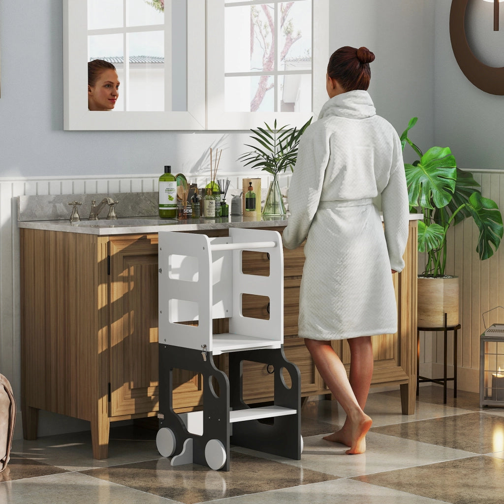 Scala Montessori 4 in 1 per Bambini con 2 Lavagne e Set Tavolo e Sedia, in Legno, 58x46x92 cm, Bianco
