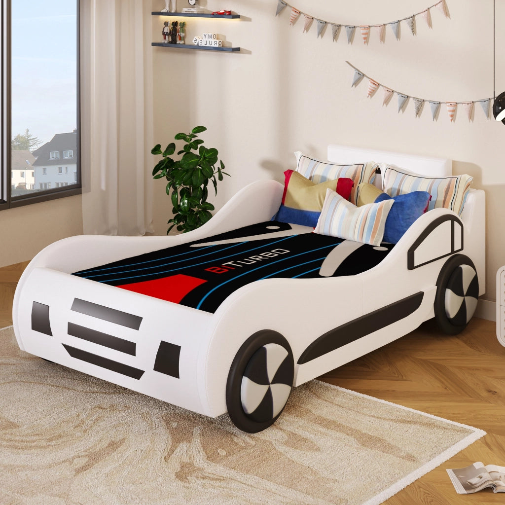 Letto auto per bambini 90 x 200 cm con rete a doghe e contenitore idraulico; MDF e PU; bianco
