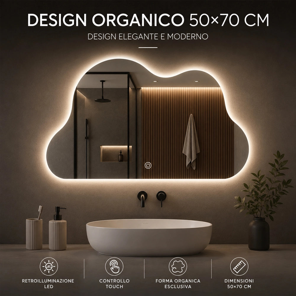 Specchio Led Nuvola con Led 3 Colori Dimmerabile 50x70 cm con Pulsante Touch