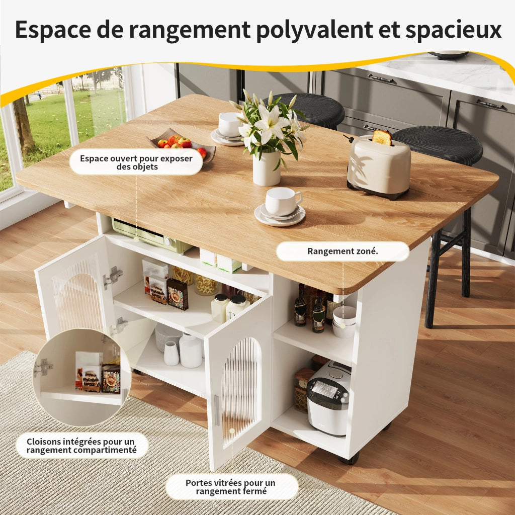 ISOLA CUCINA Pieghevole 120x30/70x79,5 cm MDF e Vetro Bianco