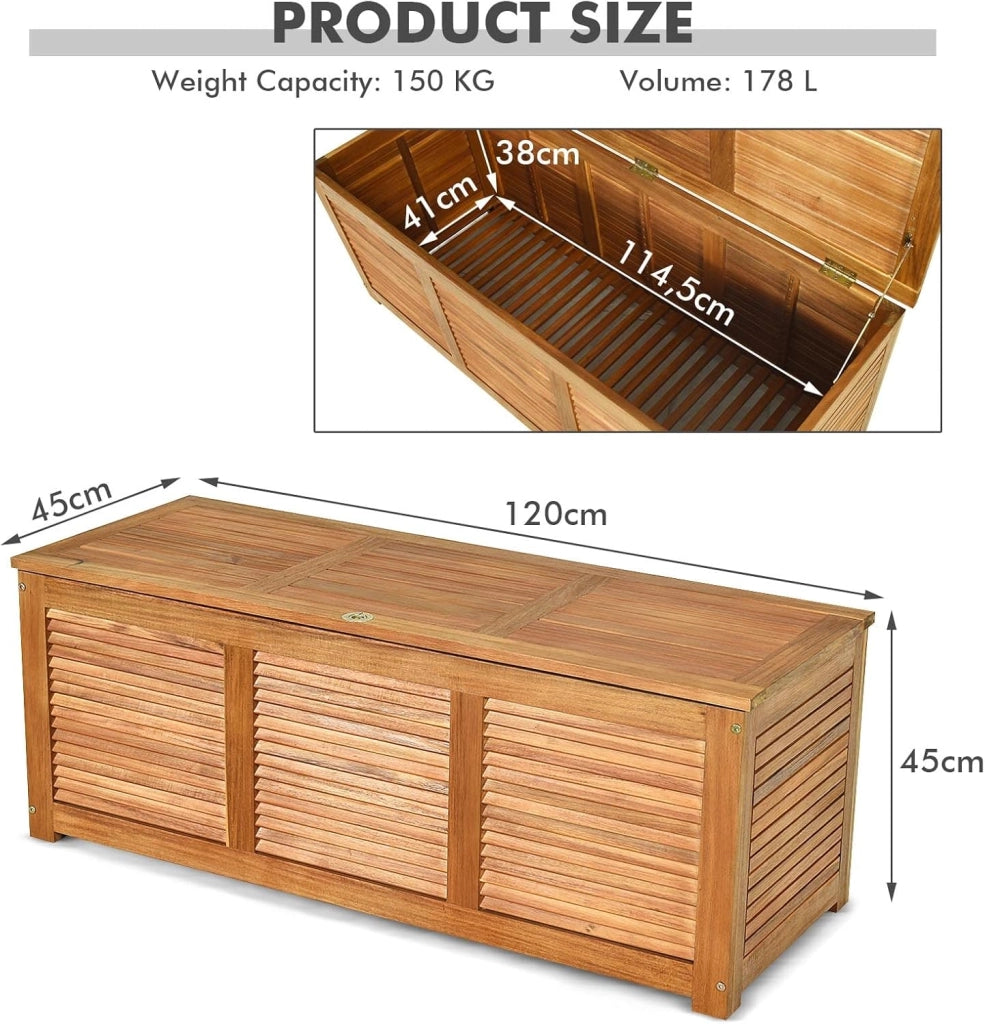 Armadio da Esterno in Legno, Cassapanca Contenitore Interno, Panca Baule Carico di 150 kg, Ideale per Giardino, Patio, Piscina, 120x45x45 cm, Naturale