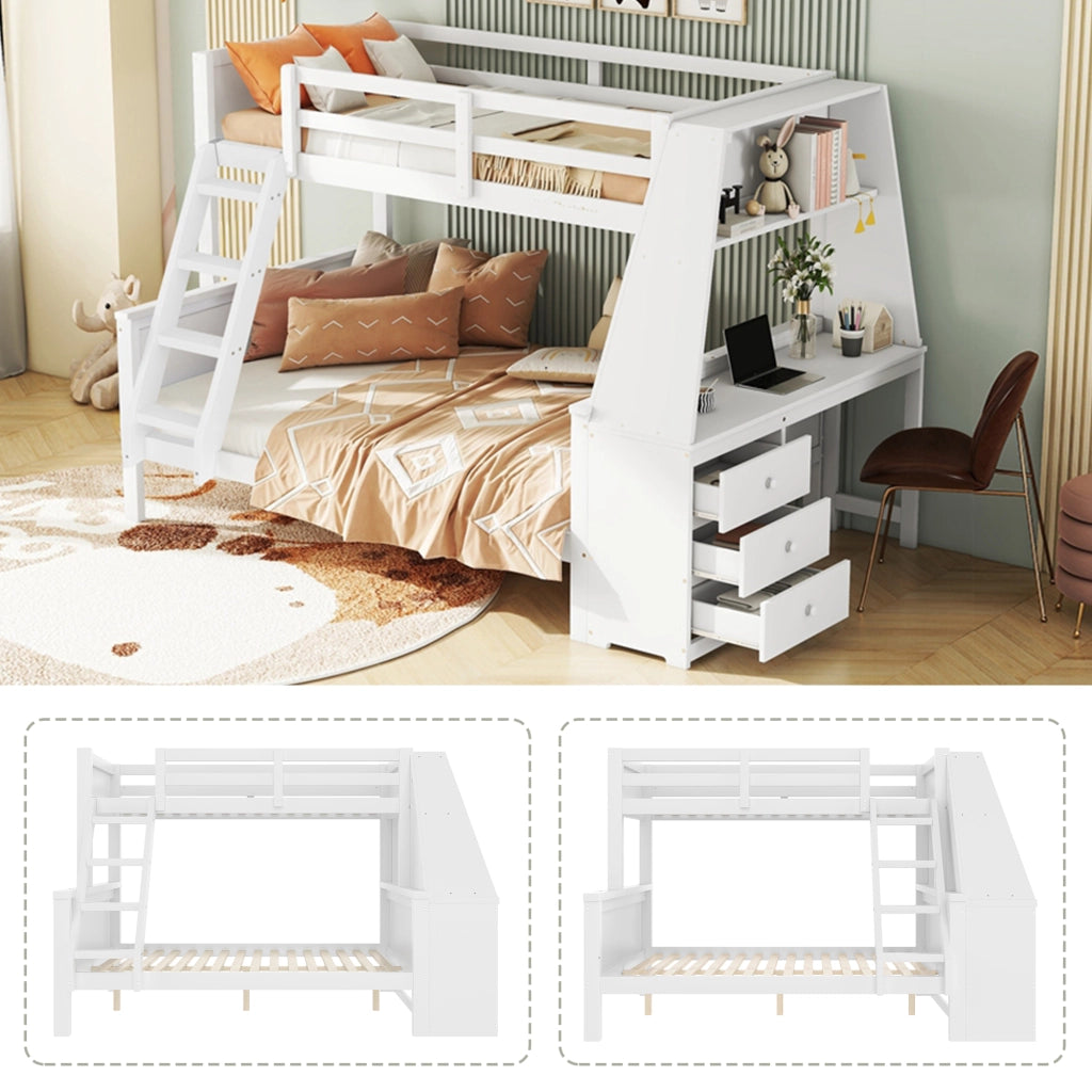 LETTO a castello con scrivania e libreria 90x200+140x200 cm Bianco