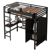 Letto a Soppalco 90x200 cm - Scrivania; Armadio; Ripiani e Scala a 5 Gradini - Nero