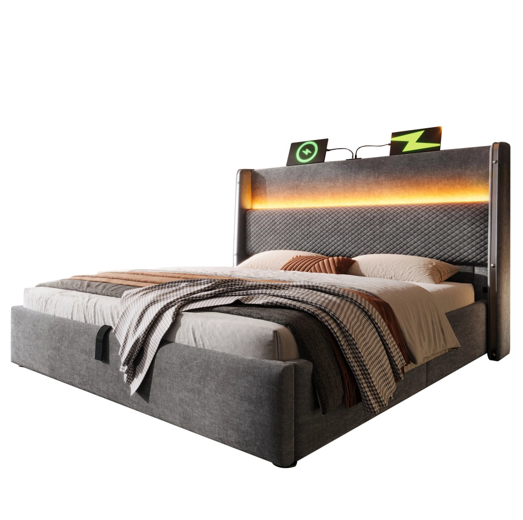 Letto matrimoniale con contenitore 140x200 cm in lino grigio con LED; USB; Type-C e materasso