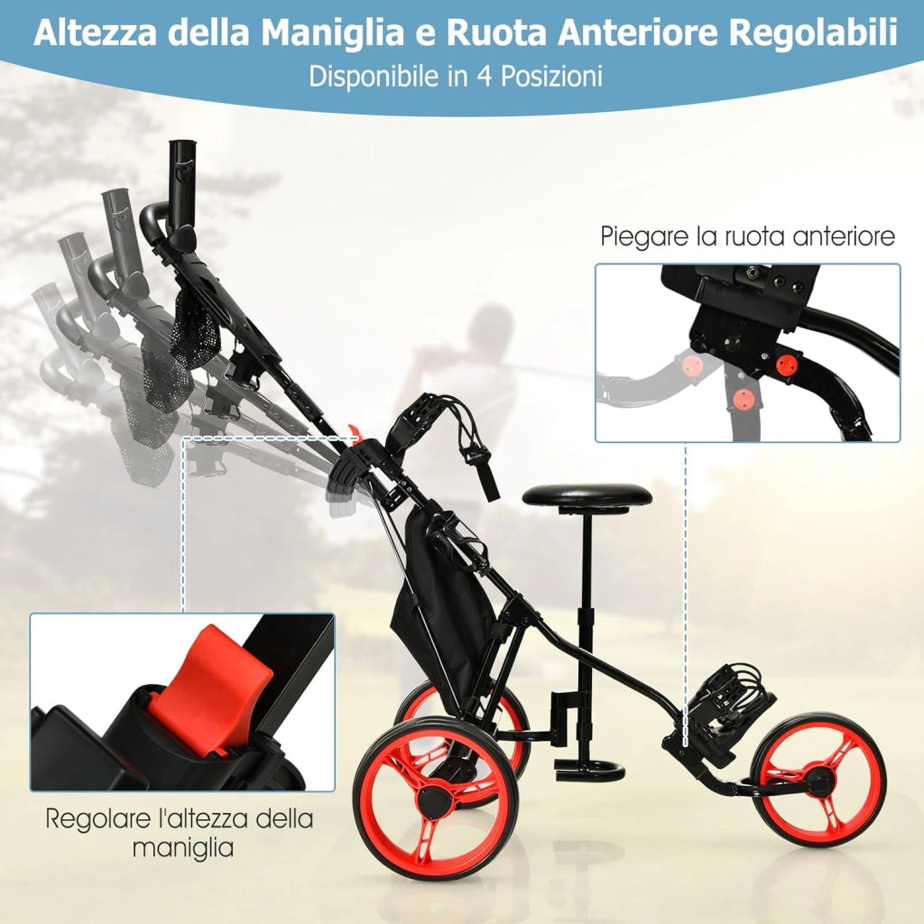 Carrello da Golf Pieghevole con 3 Ruote, Trolley da Golf Altezza Regolabile di Alluminio con Sedile, Porta Ombrello e Porta Bevande