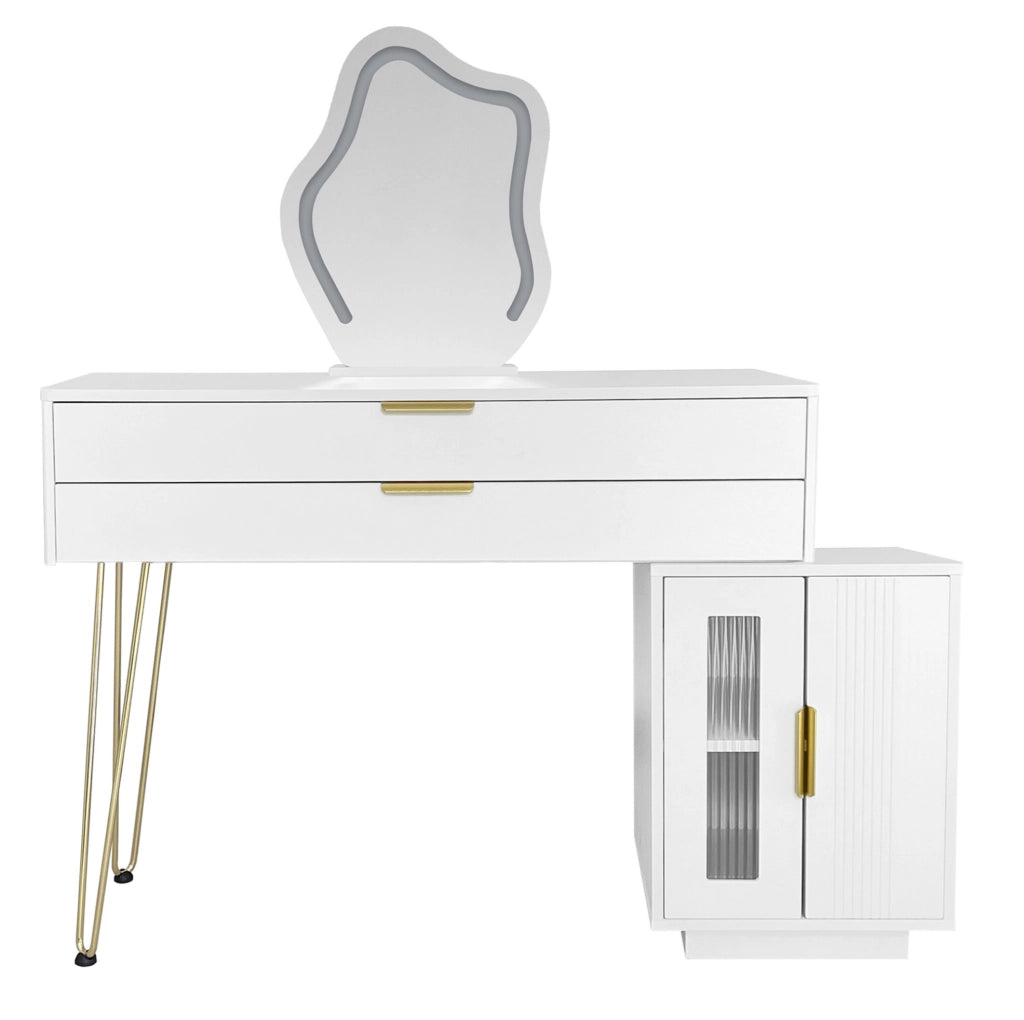 Toeletta bianca con specchio LED e mobile laterale scorrevole