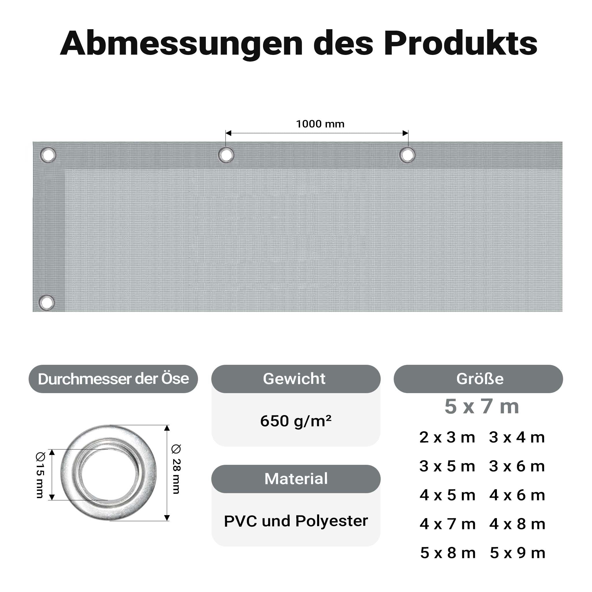 Telone occhiellato grigio 5 x 7 m resistente alle intemperie e a raggi UV, impermeabile, robusto telo di protezione in poliestere 650 g/m² con rivestimento in PVC
