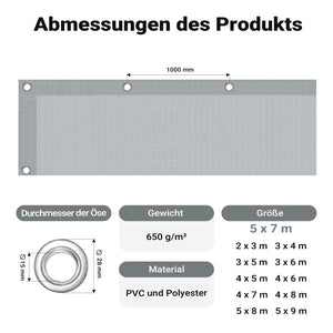 Telone occhiellato grigio 5 x 7 m resistente alle intemperie e a raggi UV, impermeabile, robusto telo di protezione in poliestere 650 g/m² con rivestimento in PVC