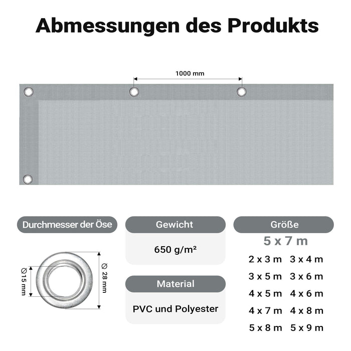 Telone occhiellato grigio 5 x 7 m resistente alle intemperie e a raggi UV, impermeabile, robusto telo di protezione in poliestere 650 g/m² con rivestimento in PVC