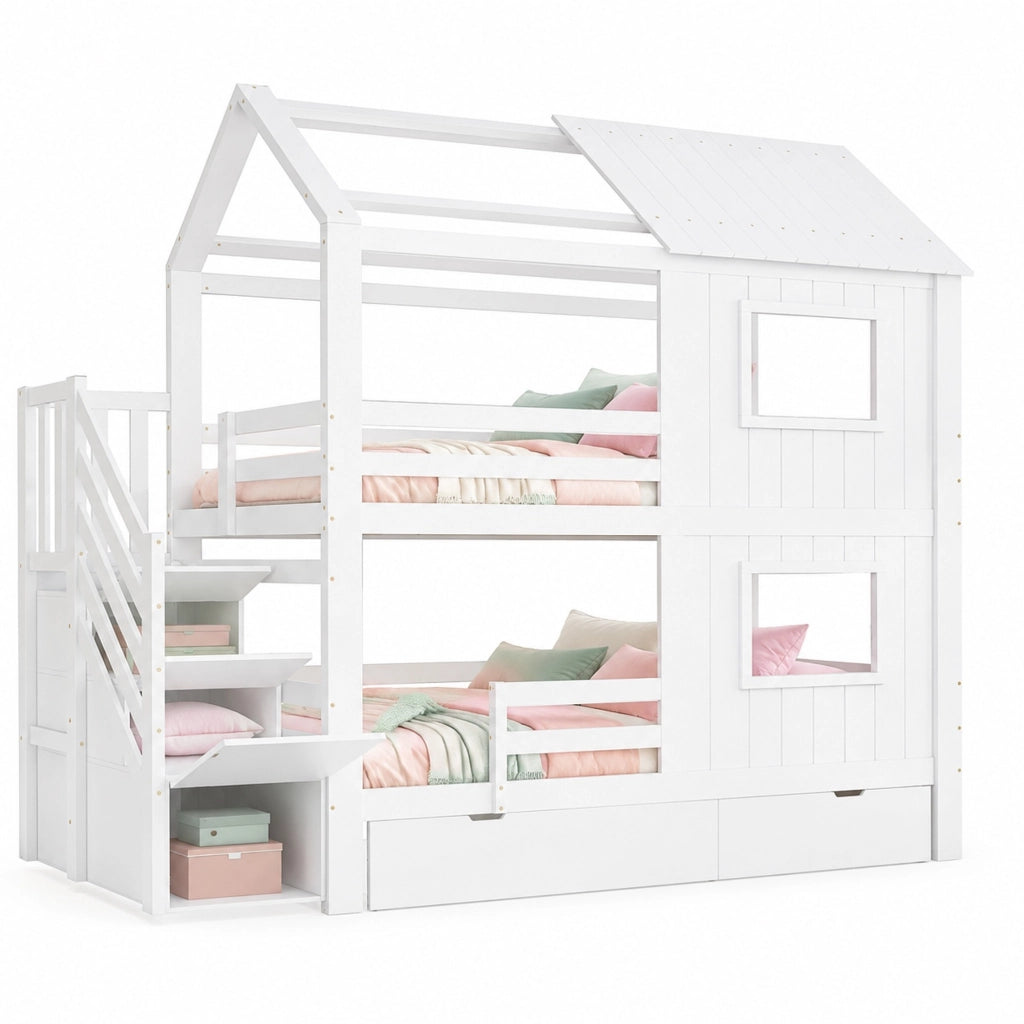 Letto a castello per bambini bianco 90x200 cm con scala contenitore