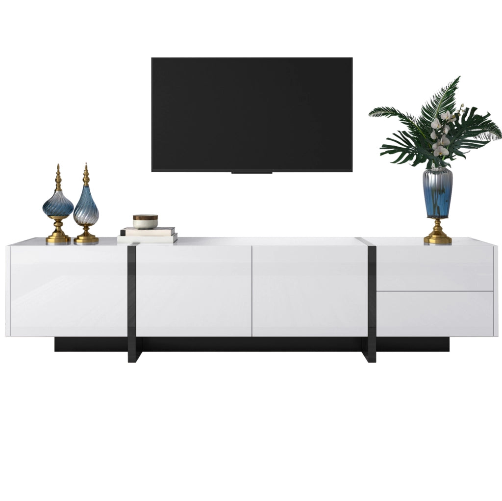 Mobile TV bianco e nero lucido con ante, cassetti e scaffali interni, 190x35x45 cm