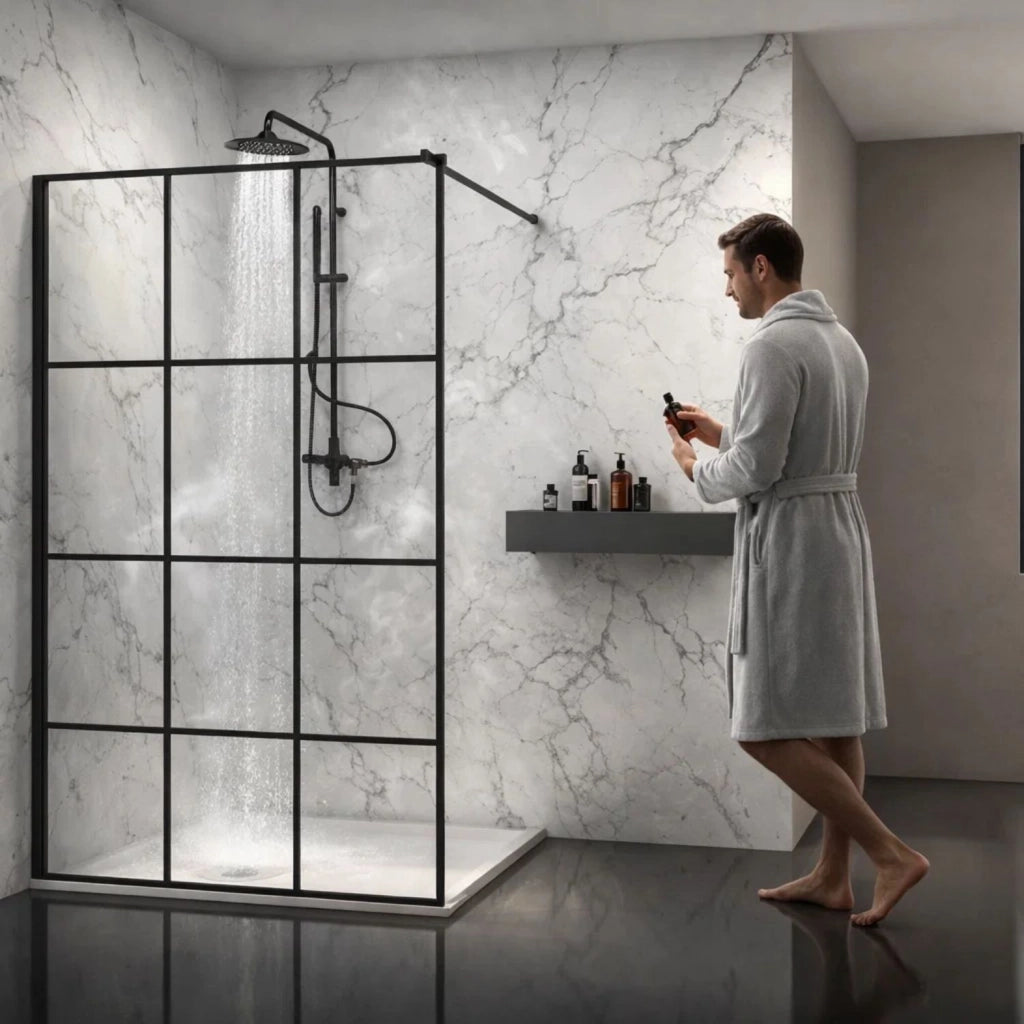 Parete doccia walk-in in cristallo temprato con profilo nero cristallo 8 mm *** misure 107-109xh200 cm, confezione 1