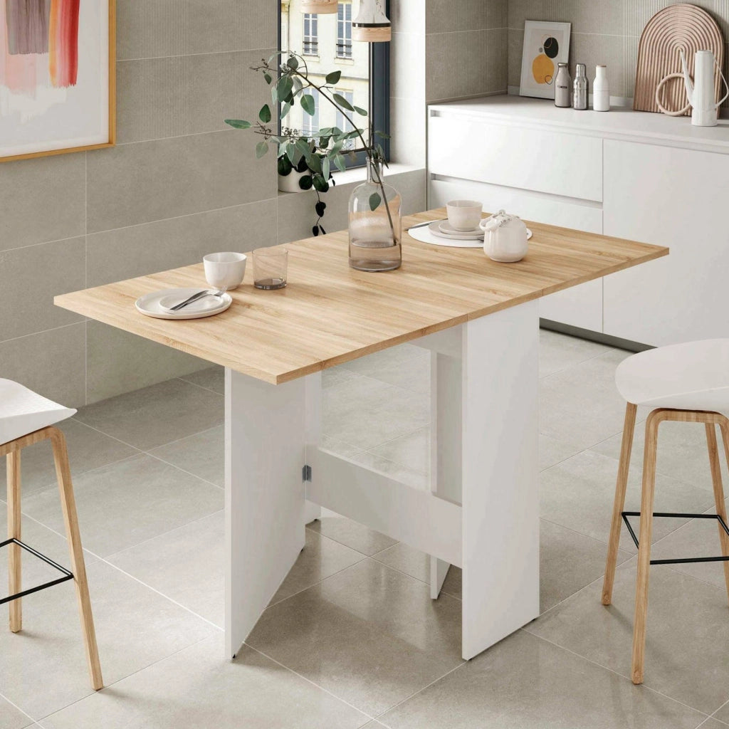Tavolo allungabile Arid, Tavolo da pranzo pieghevole con piano abbattibile, Tavolo ausiliario richiudibile, cm 77x31h78, Bianco e Rovere