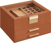 Scatola per oggetti - Organizzatore - Scatola di conservazione - Design elegante - 20,3 cm x 23,1 cm x 13,5 cm - MDF, PU, ​​Velluto, Vetro - Caramello-bruno e oro
