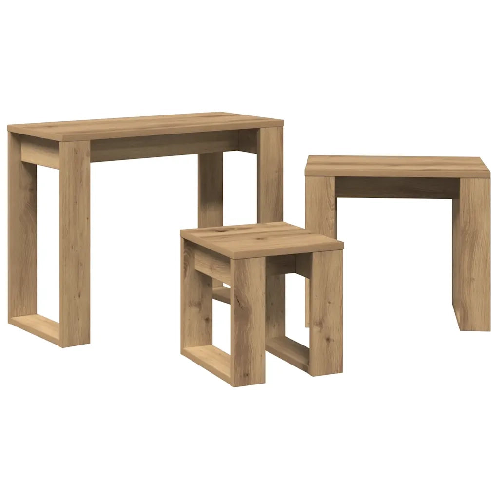 Nido di Tavoli 3 pz Rovere Artigianale in Legno Multistrato