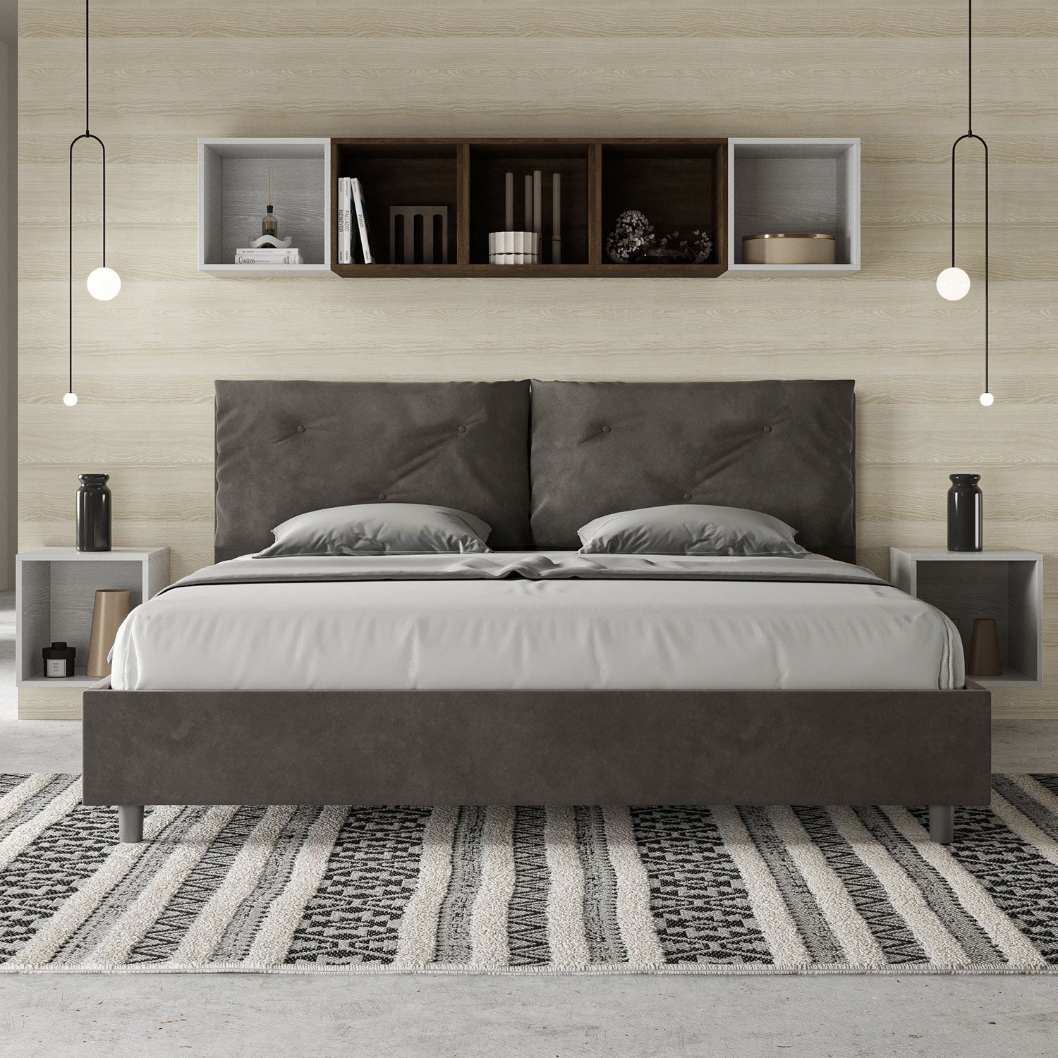 Letto Matrimoniale King Size 200x200 cm con Rete Imbottito in Microfibra Appia Large Grigio