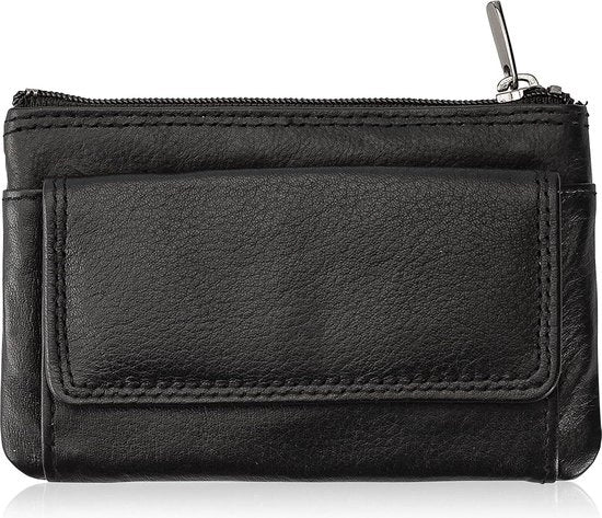 Tas portafoglio in pelle autentica con protezione RFID e carta di credito, doppia cucitura, chiusura a molla, nero - 1 tasca per carte - 1 tasca per chiavi con anello