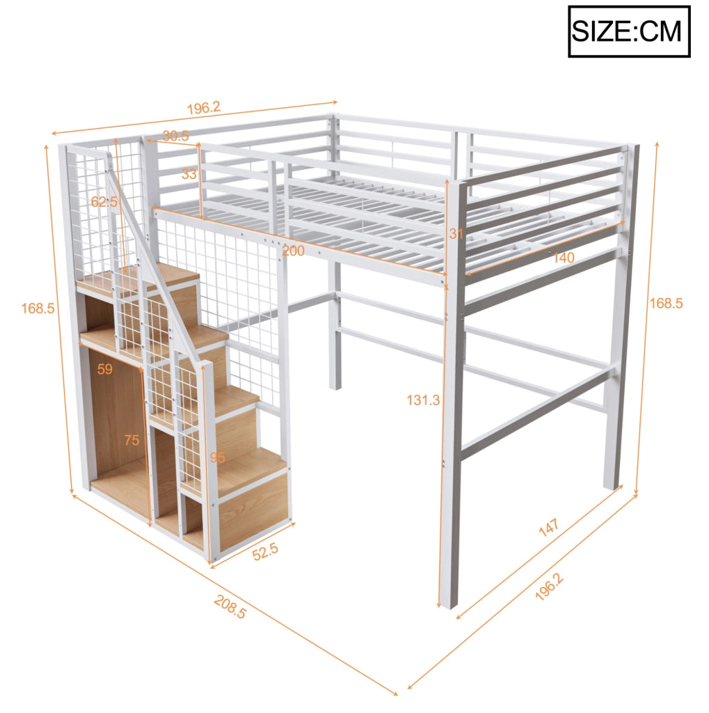 Letto a soppalco ULEVR 140x200 cm con scala, modulo guardaroba e protezioni, MDF e metallo bianco