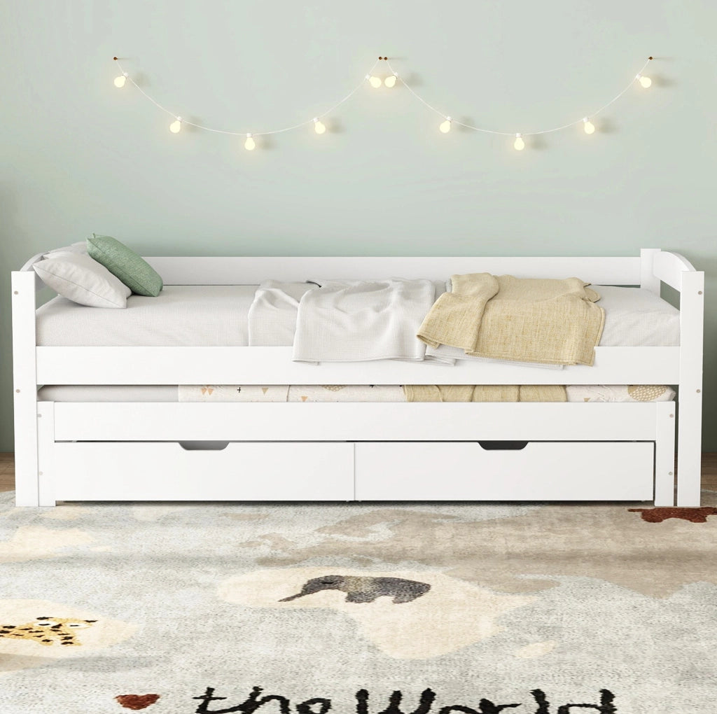 Letto estraibile con 2 cassetti in pino e MDF bianco 90x200 cm