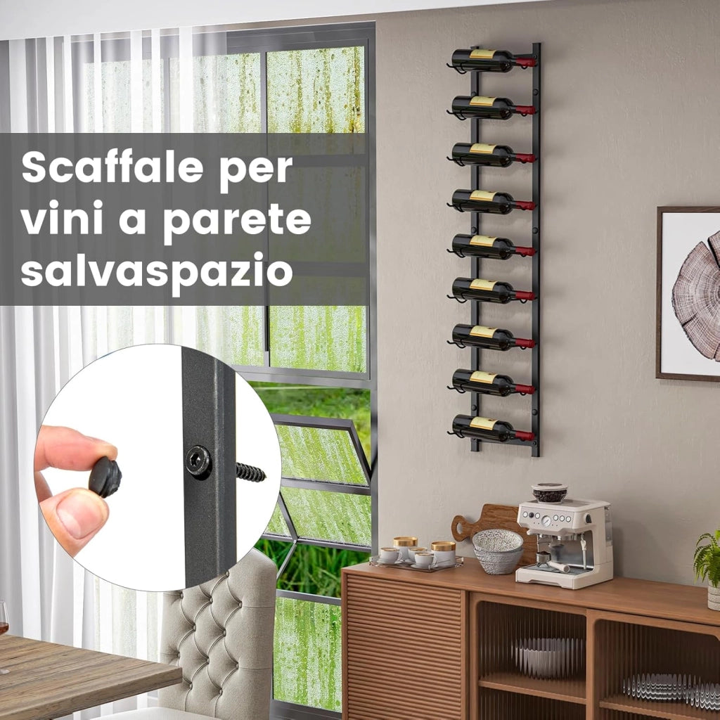Portabottiglie Vino da Parete, Cantinetta Vino da Parete, Porta Bottiglie di Vino da Parete in Metallo per Cucina, Sala da Pranzo, Cantina, Bar, per 9 Bottiglie