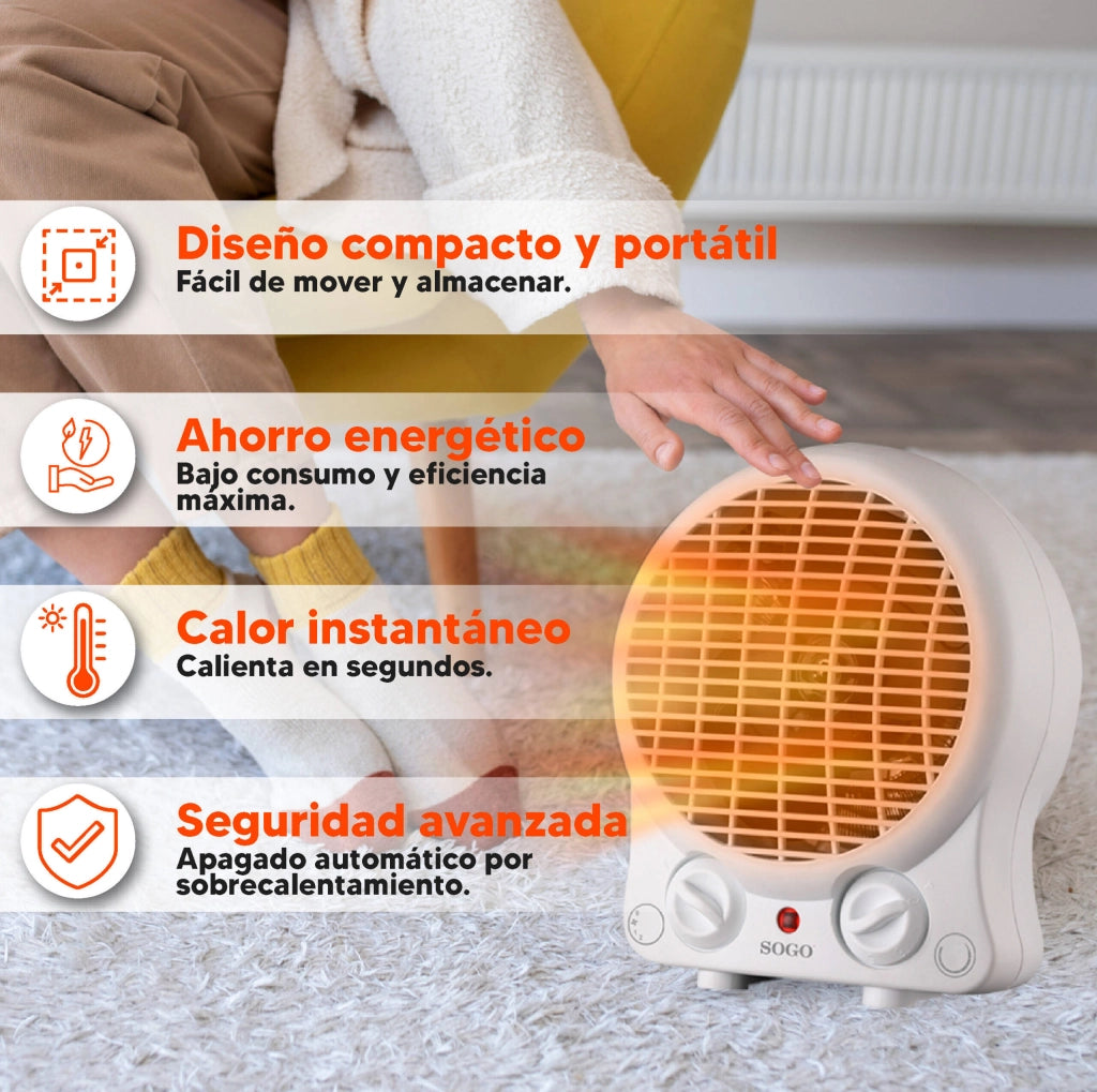 Termoventilatore elettrico 2000W con termostato regolabile, 2 livelli potenza e funzione ventilazione per riscaldamento rapido - Sogo