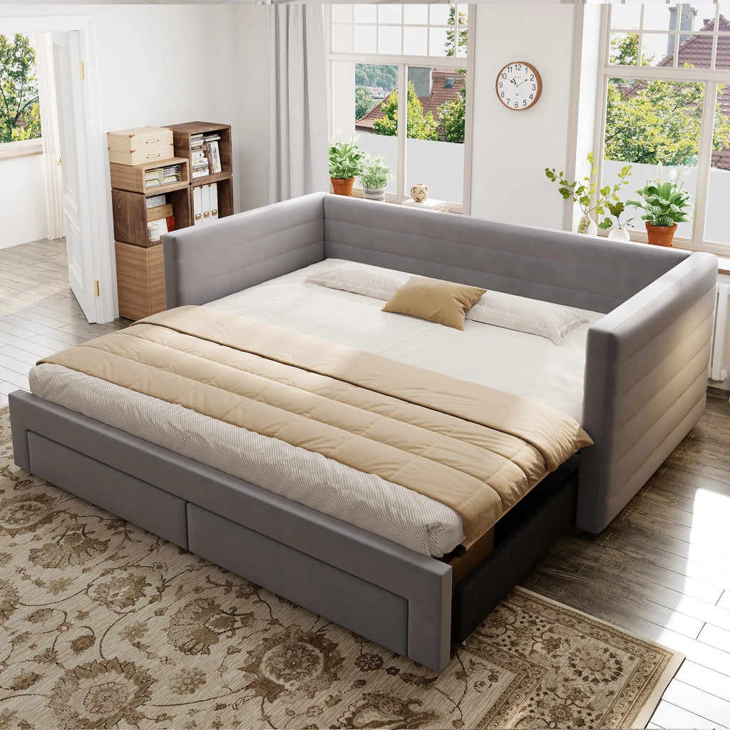 OKWISH Letto a Cassetto Tipo Divano 90×190 cm, Letto Singolo con 2 Cassetti, Convertibile 180×190 cm, senza Materasso, Imbottito, Grigio