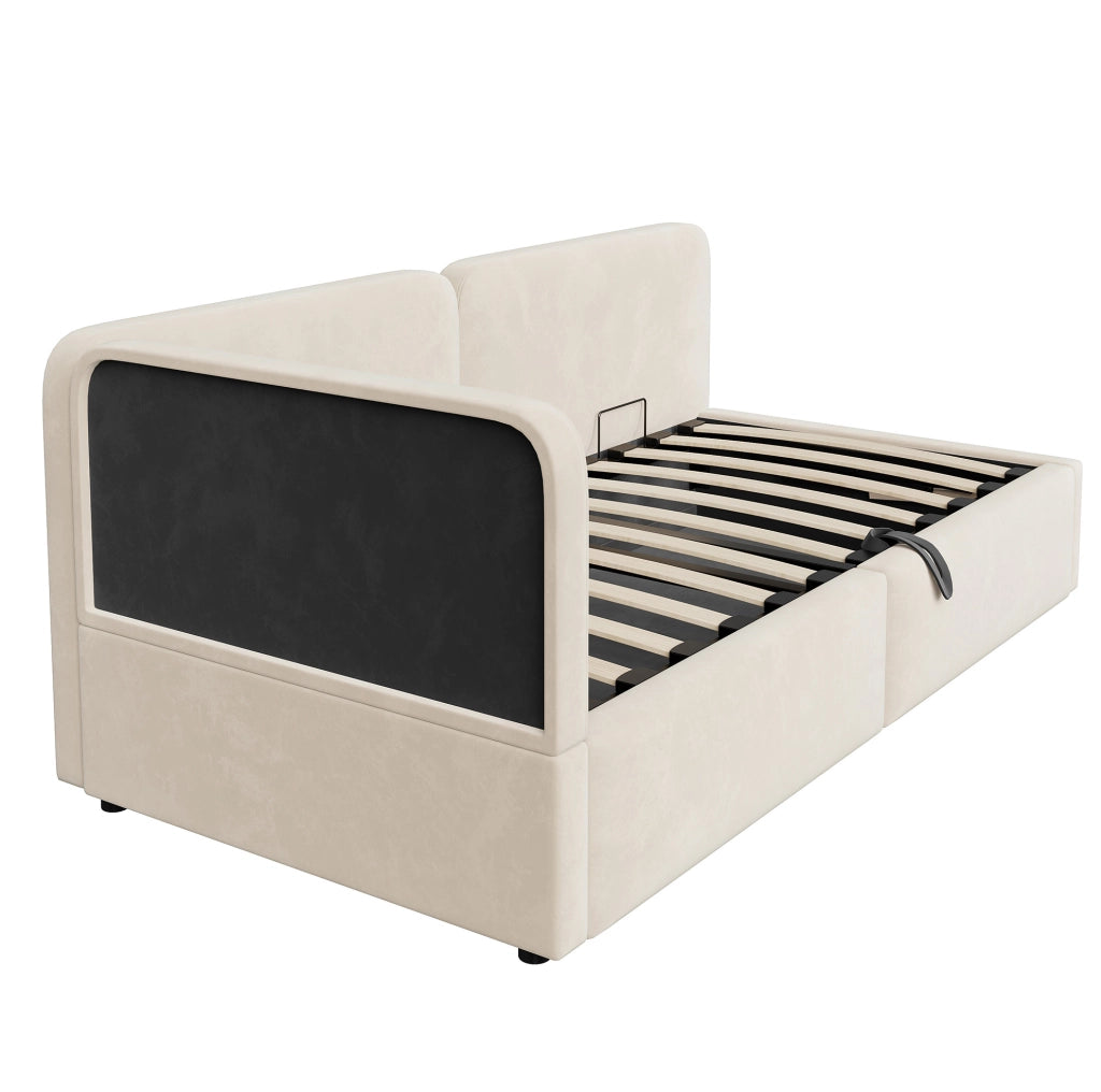 Divano letto imbottito 207x96x78 cm con spazio contenitore idraulico; tessuto beige