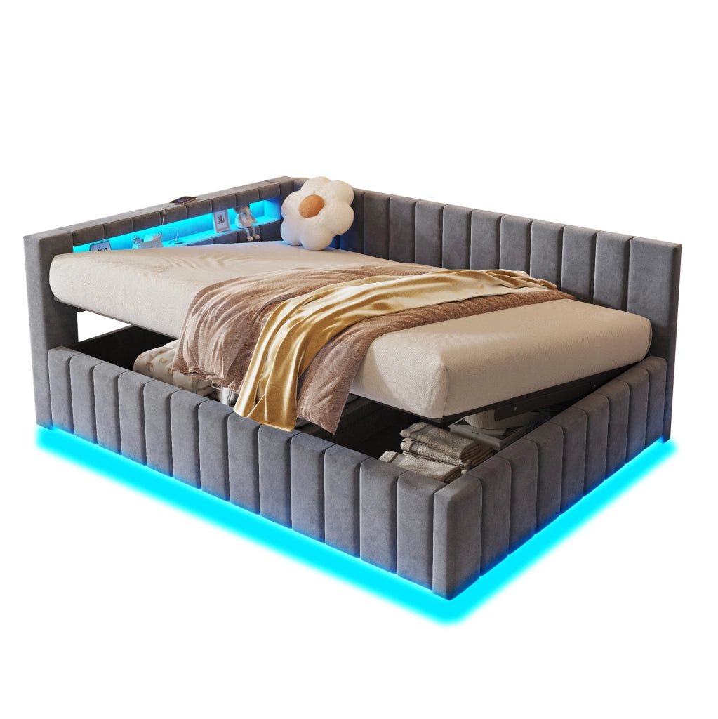 Letto matrimoniale imbottito 140x200 cm con contenitore idraulico; LED e USB; velluto grigio