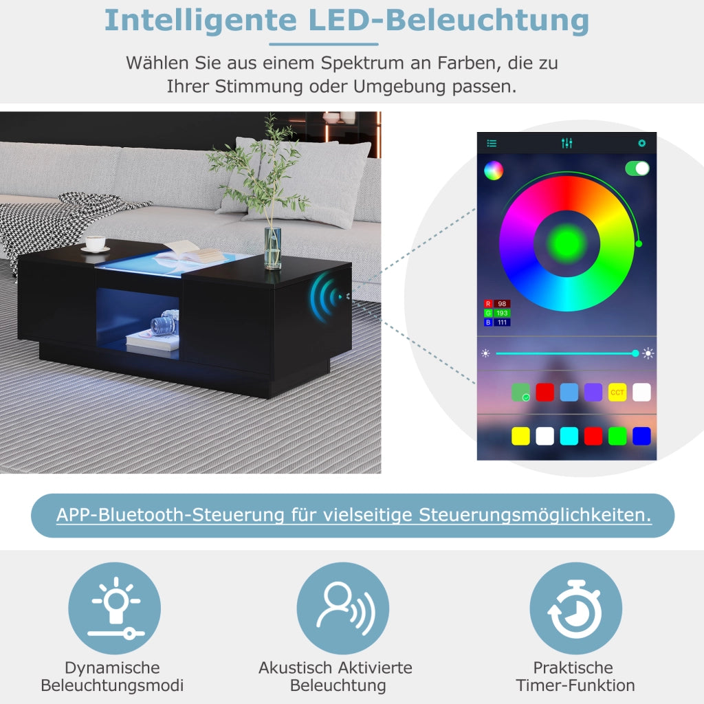 Tavolino basso con LED e controllo app 2 cassetti 1 vano aperto piano in vetro nero 100 × 50 × 35,5 cm