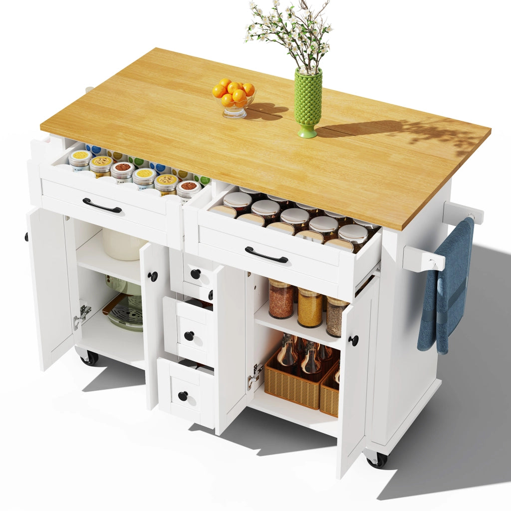 Carrello da Cucina con 5 Cassetti; 2 Ante; Ripiani Regolabili; Piano Ribaltabile e Ruote; in MDF; 140 x 40 x 89 cm