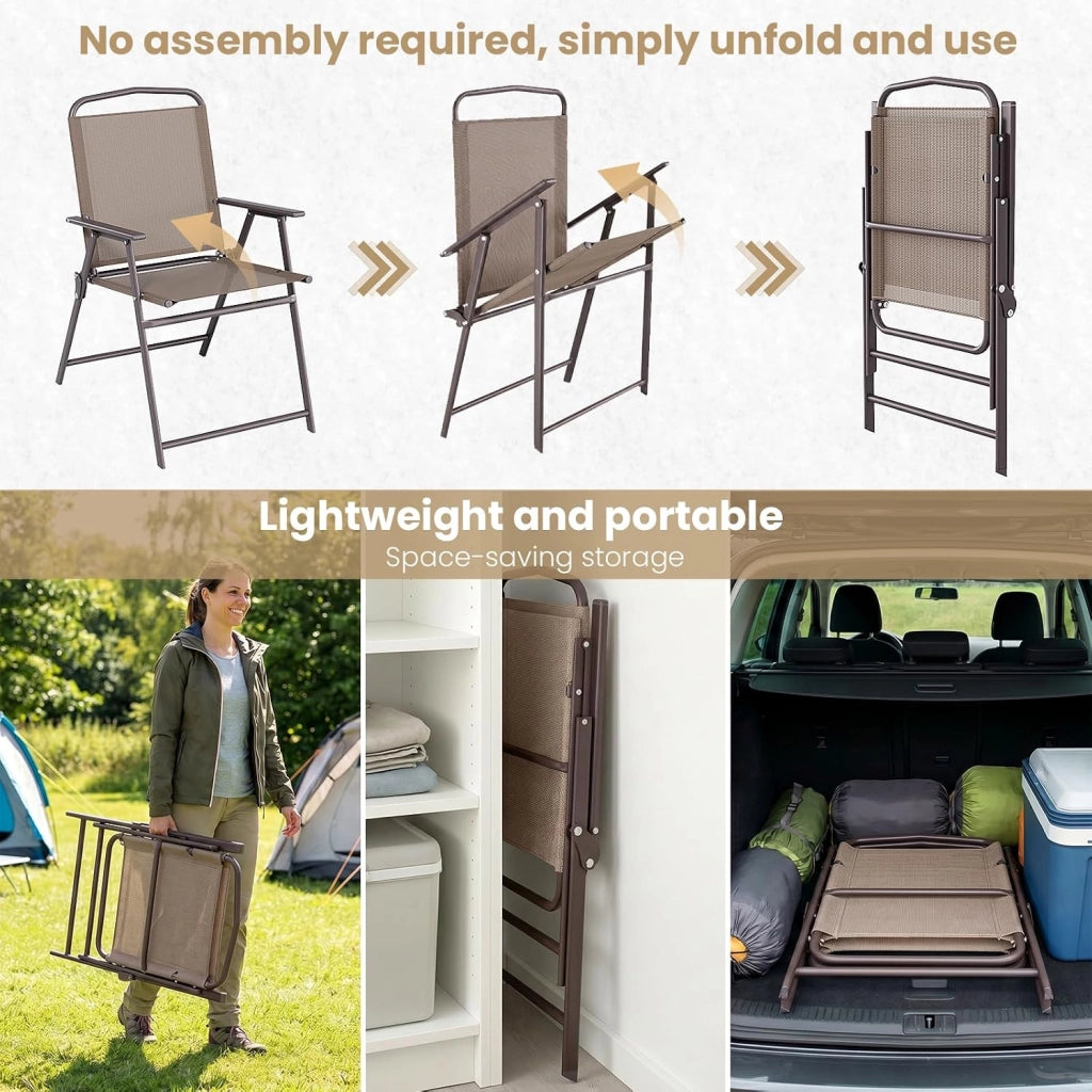 Set di 2 sedie pieghevoli con schienale, braccioli, sedie da terrazza, sedie da pranzo, fino a 150 kg, sedia pieghevole per campeggio, spiaggia, giardino, piscina, terrazza, marrone