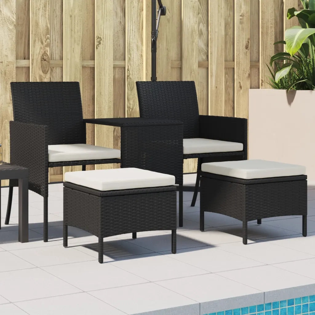 Divano Giardino 2 Posti con Tavolo e Sgabelli-Sofa da Giardino-Divanetto da esterno Nero Polyrattan 178284