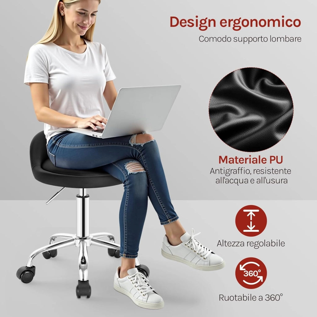 Sgabelli con Ruote Regolabile, in Altezza per Estetista Parrucchiere Tattoo Studio Salone Sedia Girevole in PU, Sedia da trucco, Nero