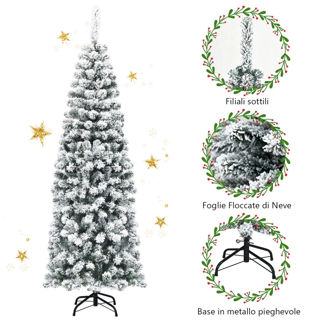 Albero di Natale slanciato 180 cm, Abete artificiale innevato con base flessibile e foglie spesse-Alberi di Natale