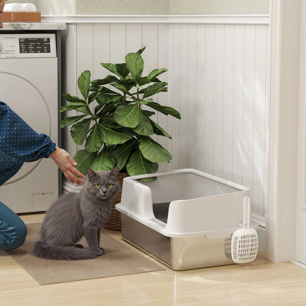 Lettiera per Gatti con Bordi Rialzati 60x40x28 cm in Acciaio Inox e PP Grigio Chiaro