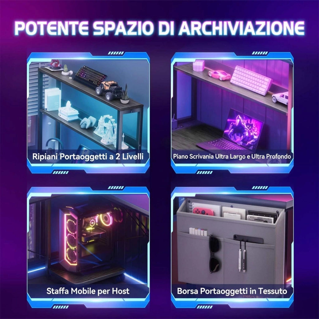 Scrivania per PC a L, scrivania da gaming, prese integrate, doppio ripiano portaoggetti, RGB, design reversibile, grigio