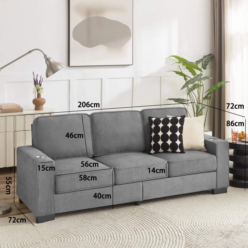 Divano 3 posti in tessuto corduroy grigio con portabicchieri; 206 x 72 x 86 cm