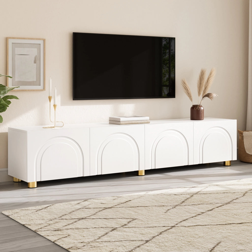 Mobile porta TV con 4 ante e rilievo ad arco, per soggiorno, in MDF e pannello truciolare, bianco, 180 × 35 × 40 cm